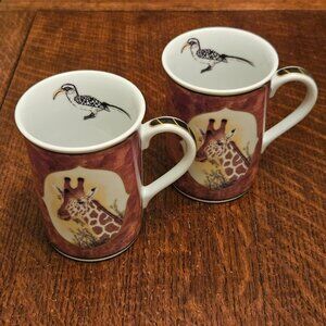 Vtg. 1995 Lynn Chase African Portraits Giraffe Mugs. 24 Karat Gold
